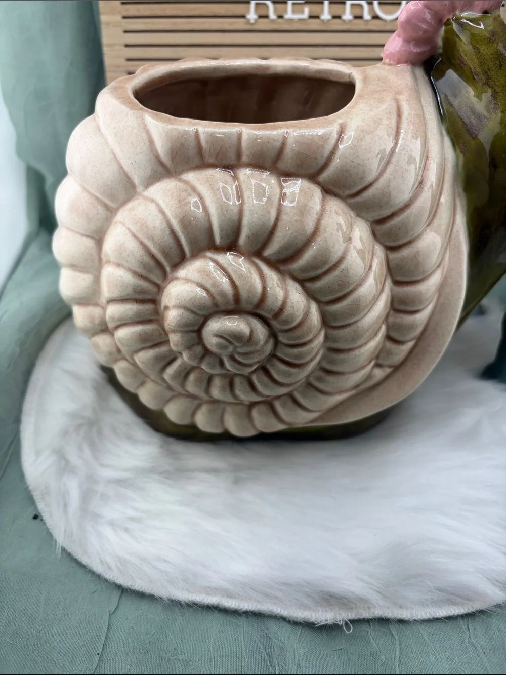 Vintage Ceramic Olive Green Snail with Pink Flowers Planter and Cream Shell